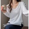 Oversized V-Neck Long Sleeve T-Shirt Women Soft Cotton Blend Loose Fit Casual Top Korean Style Layering Base
