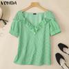 VONDA Damen Sommer Rüschen V-Ausschnitt Kurzarm Gestreift Lässige T-Shirts Tops