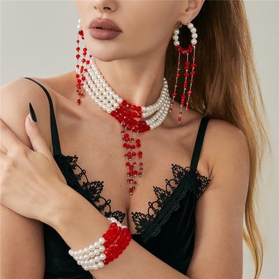 Europejski i amerykański słodki i chłodny gotycki naszyjnik choker z frędzlami i kroplami krwi Halloweenowy naszyjnik z koralików imitujących perły poplamiony krwią