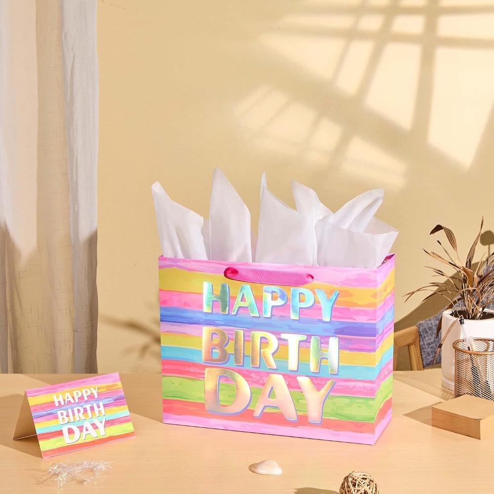 3pcs Large Gift Bag with Card and Tissue Paper, 13x10.2x4.7 Inches Birthday Gift Wrap Bags, 1pc Gift Bags with 3 Tissue Paper and 1 Card, Treat Bags