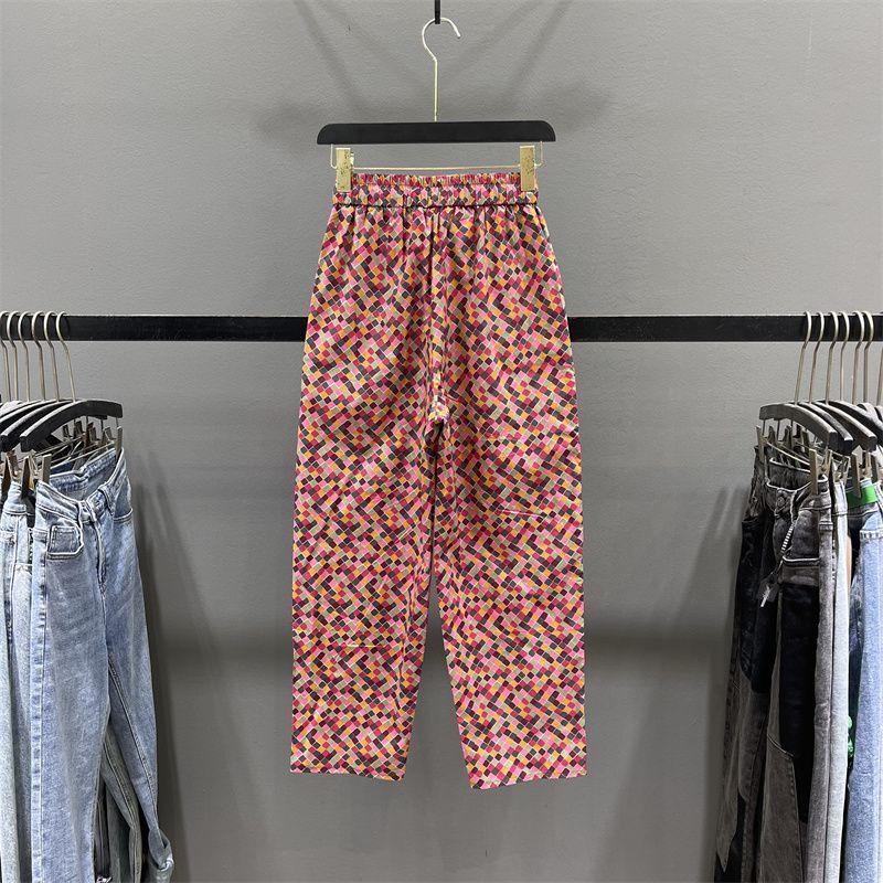 Minimalistische Pendler Sommer Neue Hosen Damen Batik Kordelzug Elastisch Hoher Bund Tasche Locker Atmungsaktiv Lässig Gerade Hosen