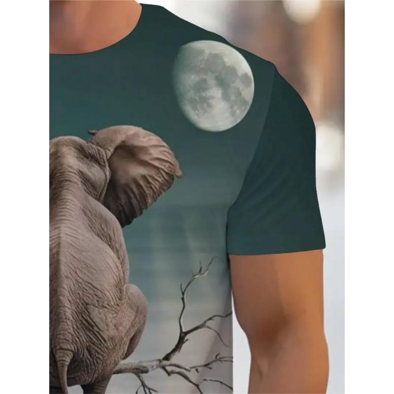 Men's 3D Elephant Print T-shirt Short Sleeved T-shirt Breathable Polyester Round Neck Casual Streetwear Top