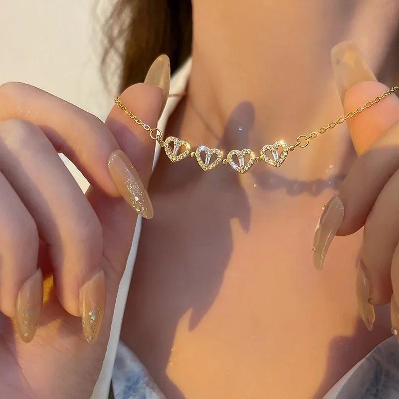 Classic Two Kinds of Wear Fashion Fold Love Heart Pendant Necklace for Women Inlaid Zircon Lucky Jewelry Girls Wendding Gift