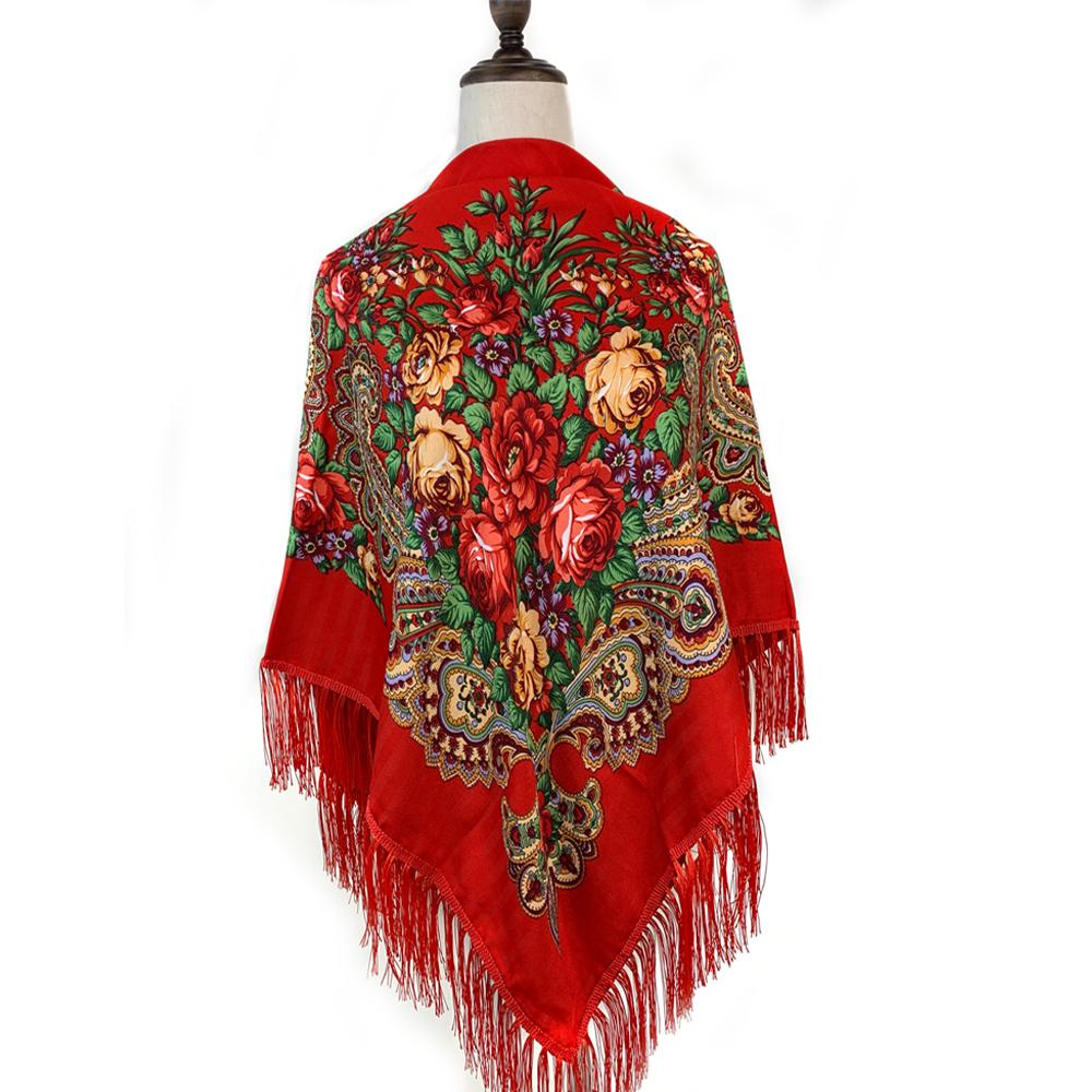 135*135Cm Russian Style Square Scarf For Women Luxury Floral Print Bandana Head Scarves Lades Fringed Shawl Headwraps Foulard