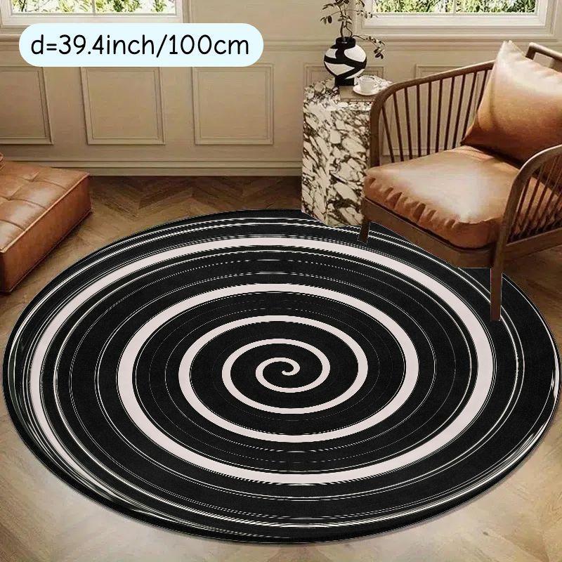 Black White Spiral Round Rug Modern Minimalist Flannel Floor Mat for Living Room Study Area Geometric Non Slip Washable Carpet