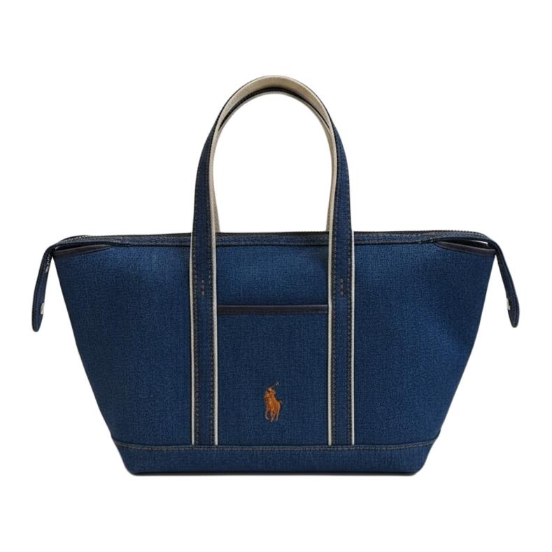 Polo Ralph Lauren Pony Embroidered Logo Canvas Leather Tote Bag Women tote bag Blue WAPOBAG0G620485410 Basic Set (Bag+Dust Bag)