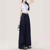Dark Blue High-Waisted Retro Wide-Leg Jeans - Women's Loose-Fit, Floor-Length Summer/Autumn Pants