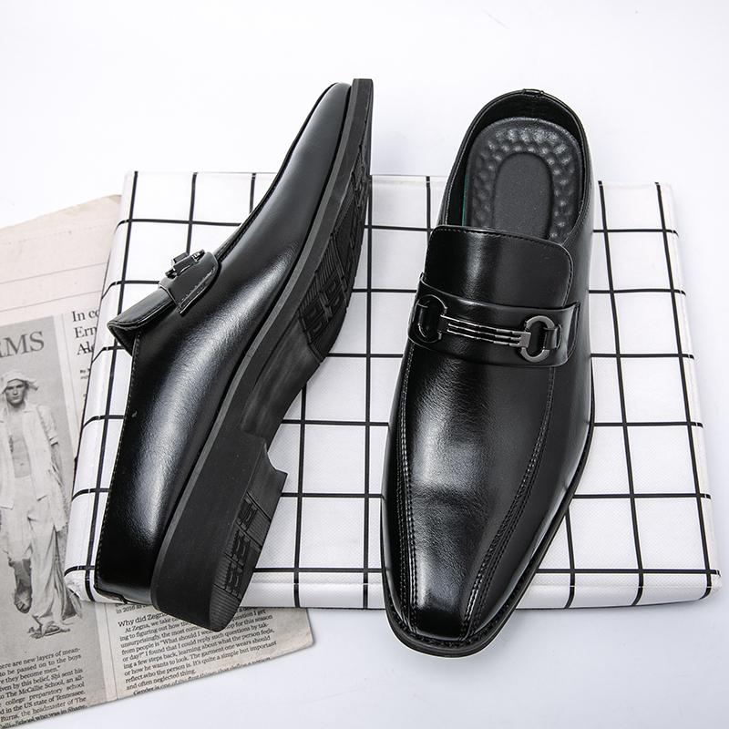 Fashion New Men Black Half Slippers Loafers Male Casual Black Metal Button Mules Moccasins Breathable Driving Shoes