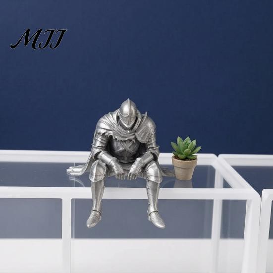 Collectible Gaming Room Accessory 3D Printed Resting Knight Figurine, Edge Sitting Dark Fantasy Retro Silver Home Decor Statue, Medieval Armored