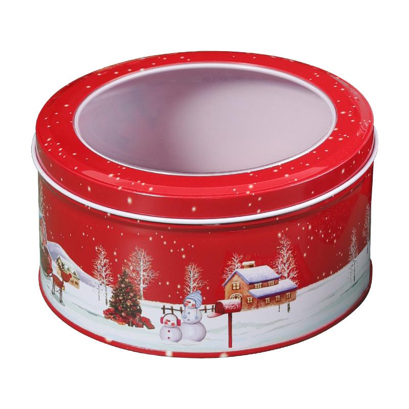 Vánoční kreslená plechová krabička: Kulatá průhledná nádoba na sušenky a cukroví pro dětské sladkosti