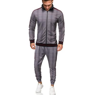 Mens Autumn Plaid Printed Zipper Sweatshirt Top Pants Sets Sports Suit Tracksuit