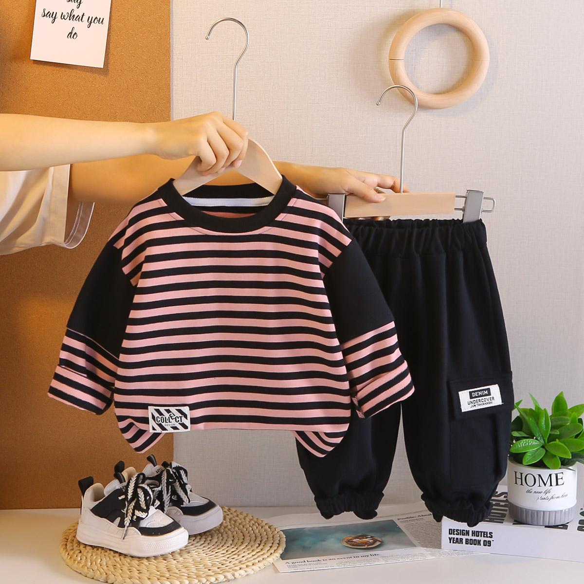 

Комплект из 2 предметов с длинным рукавом для детей 0-5 лет, Комплект для мальчиков: полосатая толстовка + повседневные брюки, Высококачественная одежда для детей XXL розовый