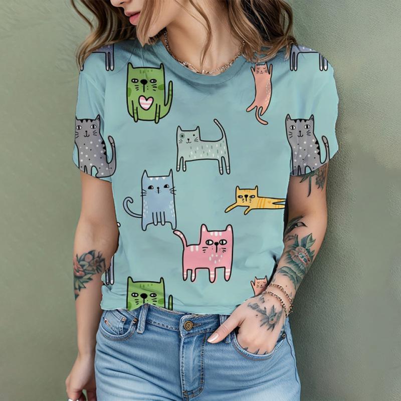 Women's T Shirt Comic Cat 3D Print Harajuku Summer Short Sleeve Top O Neck Casual Women's Oversized T Shirt Coolred Short Sleeve