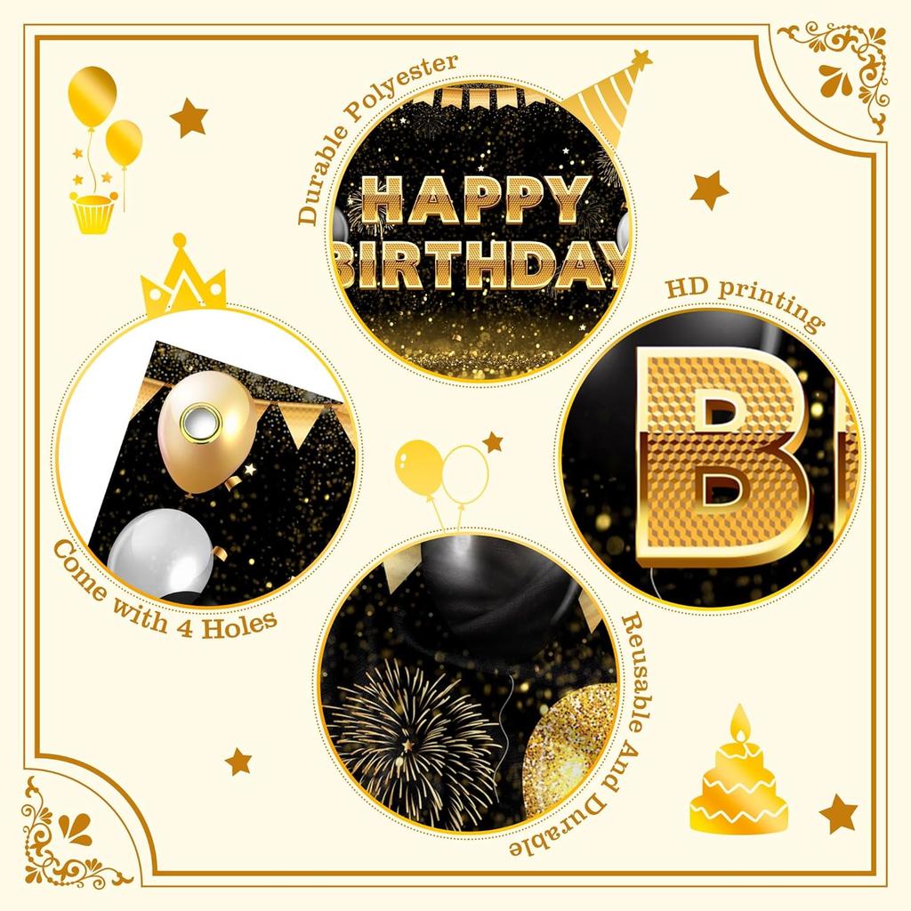 Black Gold Happy Birthday Backdrop Banner Glitter Black Gold Theme Photography Photo Prop Background Decor for Men Women Boys Girls Celebration