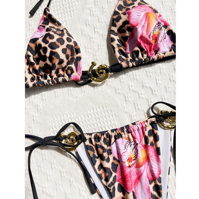 Leopard Floral Halter Bikini Women Swimwear Female Swimsuit Two-pieces Bikini Set Padded Bather Bathing Suit Swim