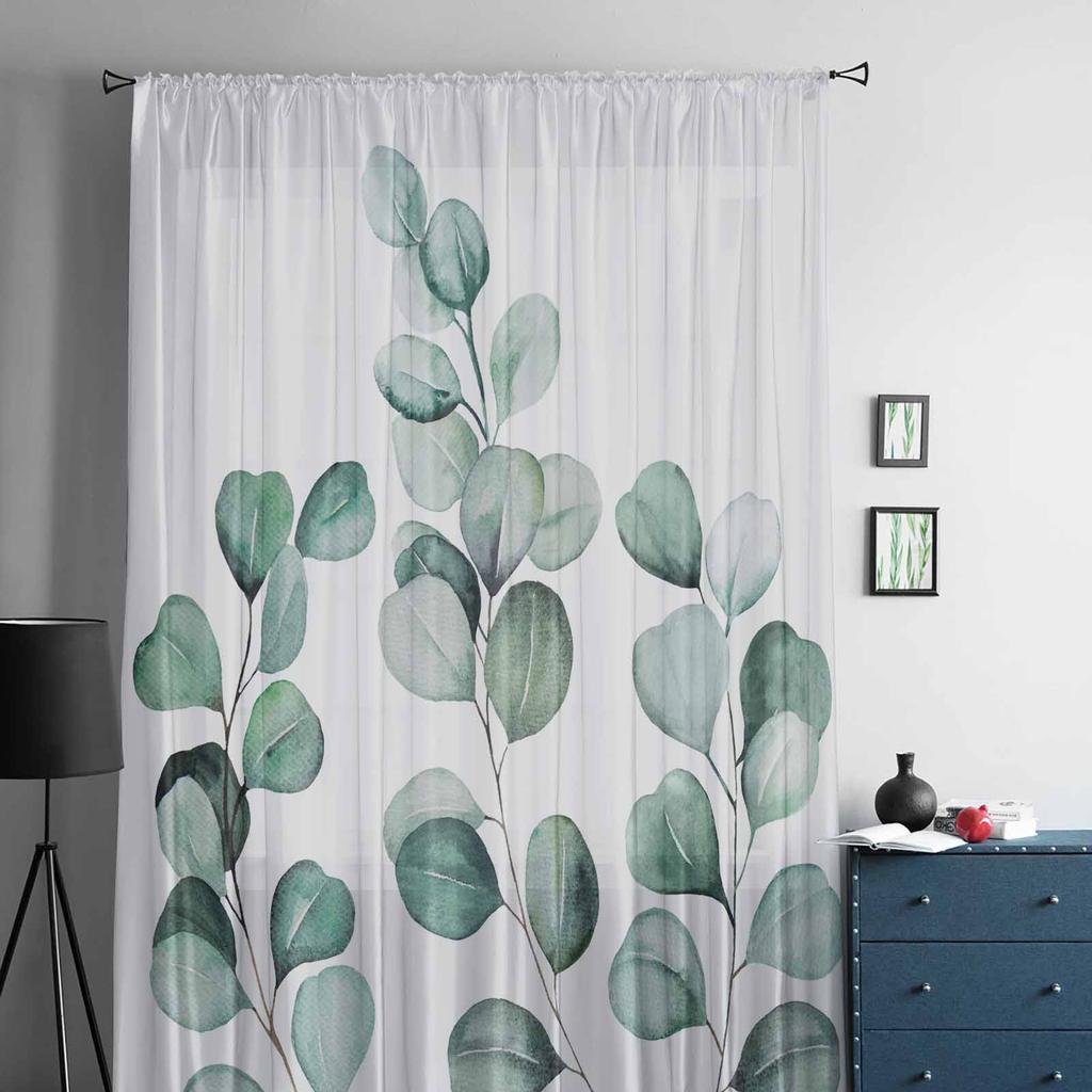 Eukalyptusblattzweige Tüll-Fenstervorhänge für Schlafzimmer Luxus-Wohnkultur Vorhänge im Wohnzimmer Chiffon-Paneele