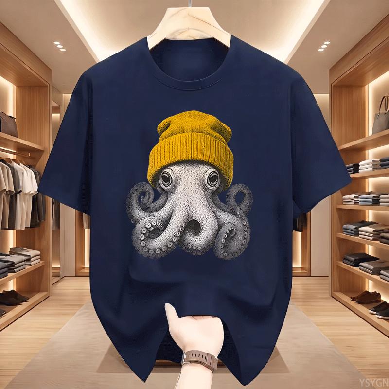 Cute Octopus Beanie T Shirt Ocean Animal Tshirt Vintage Octopus Tees Casual Round Neck Printed Cotton Short Sleeve Tshirts Tops