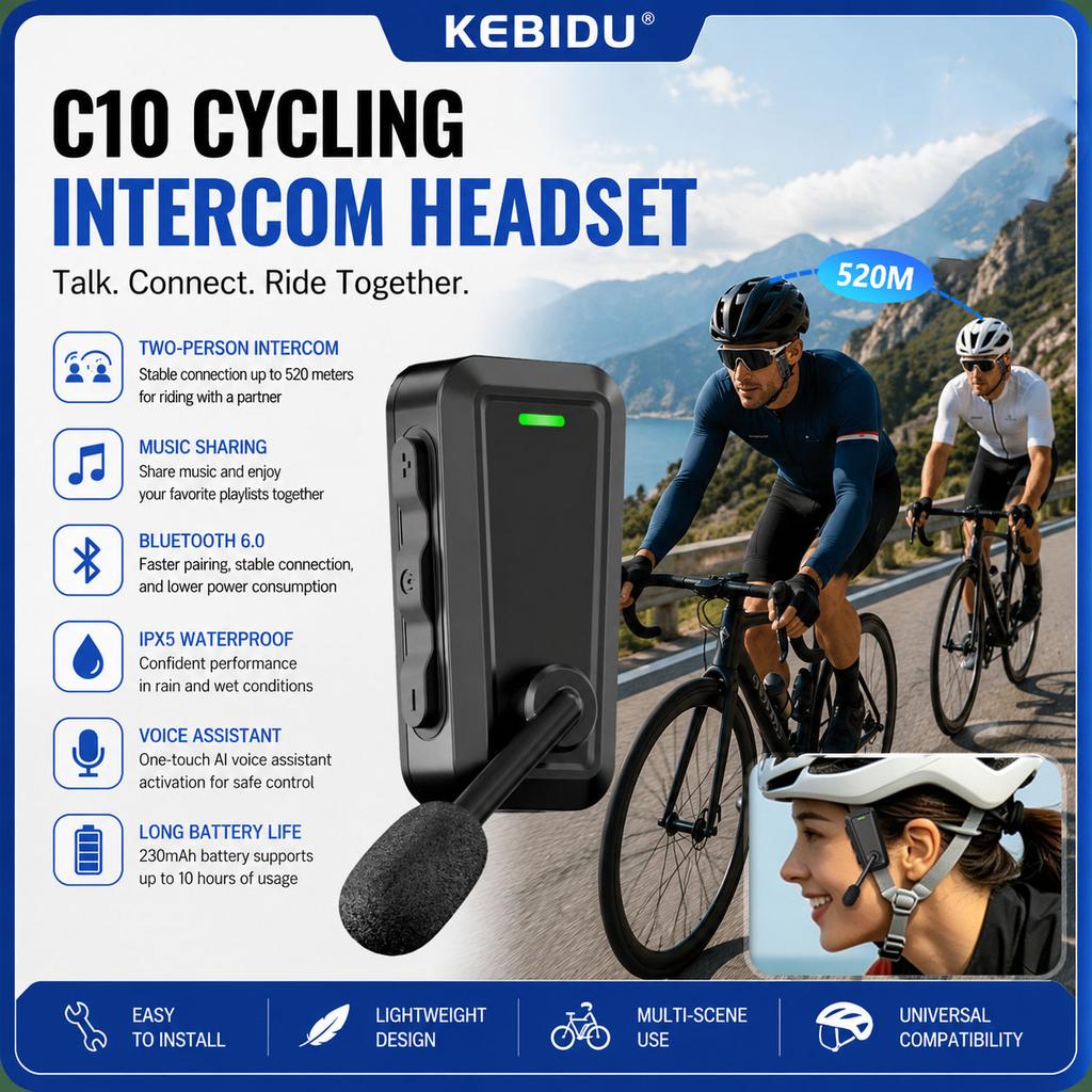 KEBIDU C10 Motorrad Fahrradhelm Intercom Headset, 520m 2-Wege Bluetooth 6.0 Interphone, IPX5 Wasserdicht 10H Spielzeit Musik Teilen Helm Kopfhörer