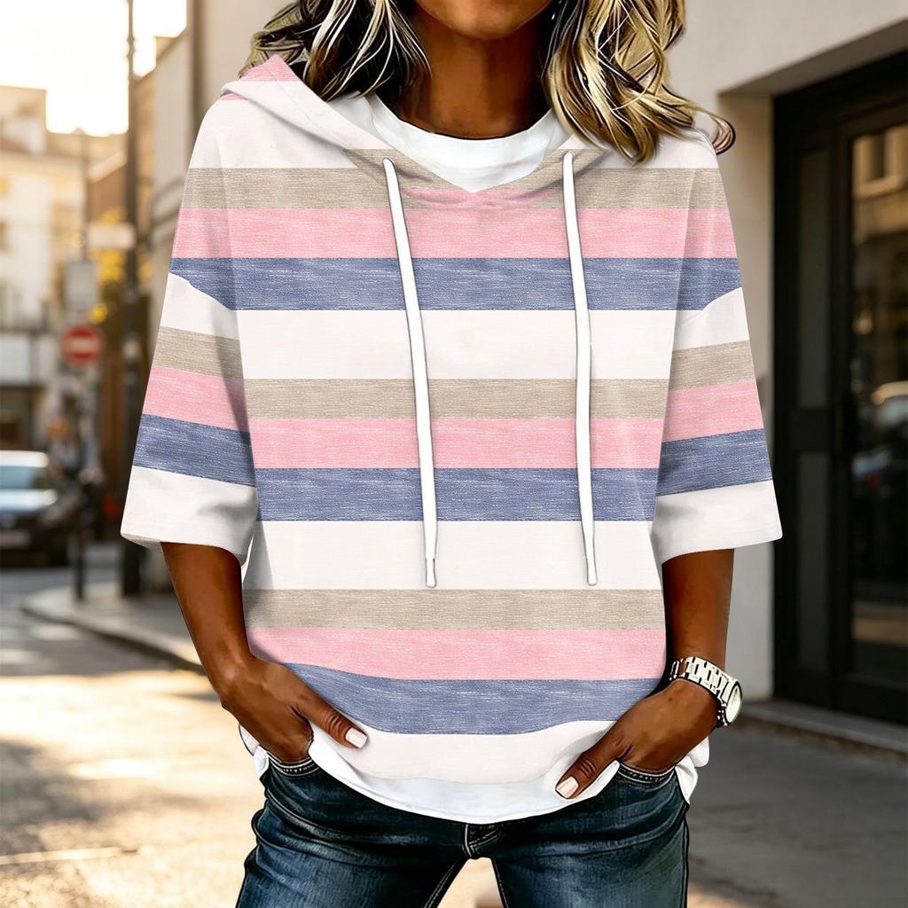 Women's Casual 3/4 Sleeve Geometric Print Hooded T-Shirt Top for Everyday Wear