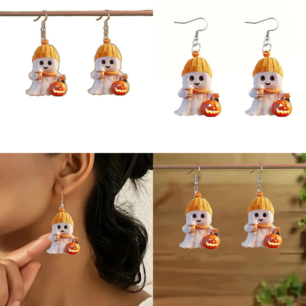 Cartoon Halloween Themed Ghost Milk Tea Pumpkin Pattern Women Acrylic Earrings