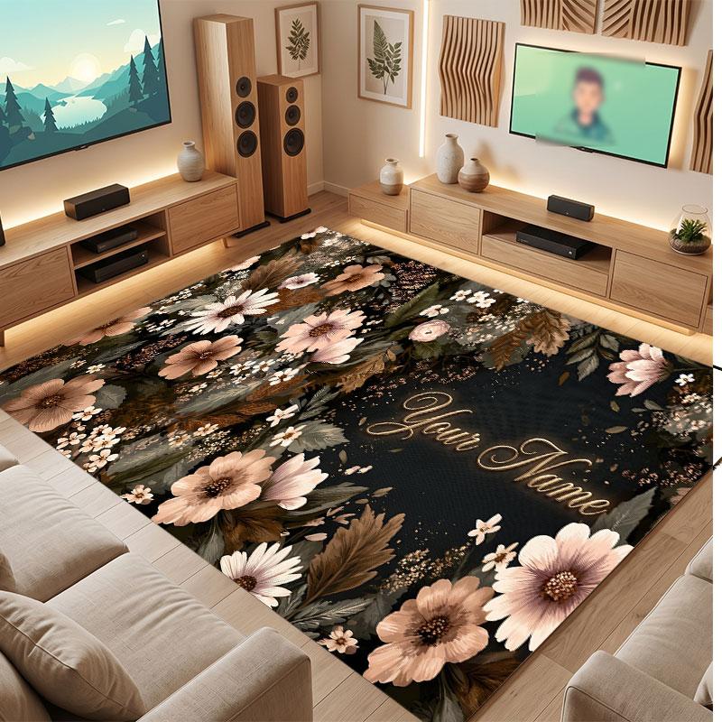 Floral Garden Theme Crystal Velvet Floor Rug Personalized Custom Name Text Warm Carpet Home Decoration