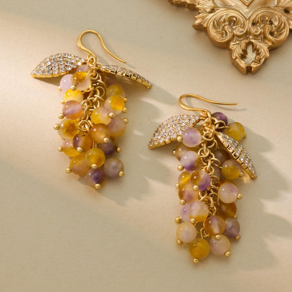 Vintage Western Grape Skewer Agate Colored Stone Earrings Electroplated Simple Luxury Versatile Style