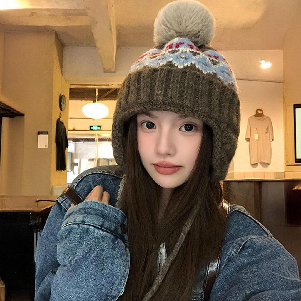 Cappello lavorato a maglia stile Fair Isle per donna, berretto invernale caldo con jacquard etnico, protezione per le orecchie, berretto per bambina, anti-freddo, paraorecchie da Sci sulla Neve, berretto