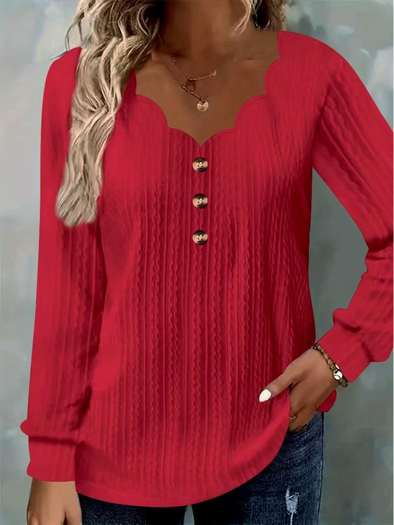 

2025 Autumn/Winter Women s Scalloped V-Neck Long Sleeve Top with Front Buttons M красный