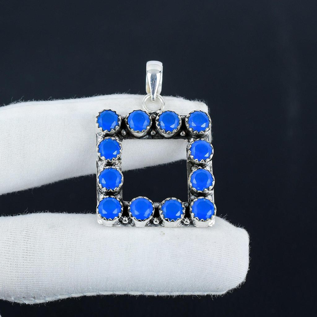 Natural Blue Chalcedony Gemstone Silver Pendant in 925 Sterling Silver- Handmade Design, Everyday Wear Jewelry, Unique Pendant Wadding Gift