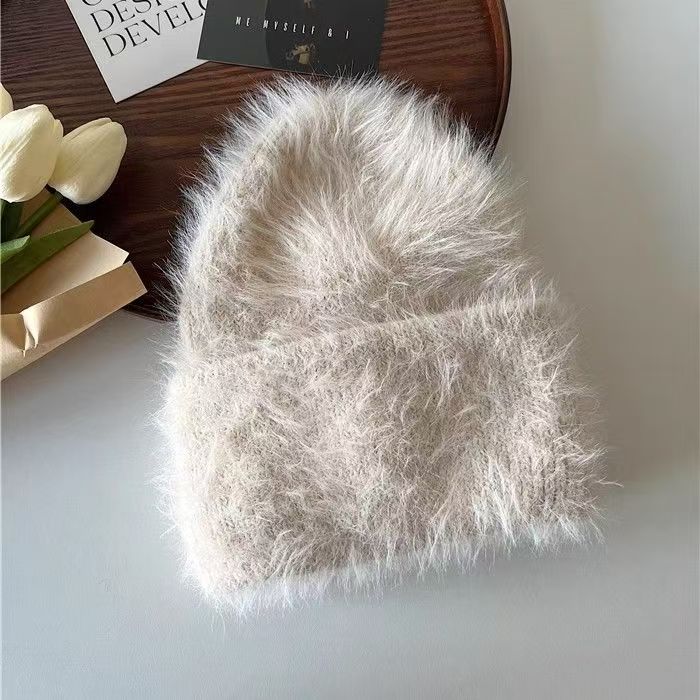 Women Winter Soft Faux Mink Fur Knitted Beanie, Japanese & Korean Style Warm Thick Cashmere-Like Rolled Edge Hat, Cozy Fluffy Purple Knit Cap