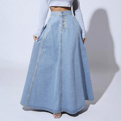 Women's High Waist Maxi Skirt A-Line Skirt Loose Fit Street Style Denim Skirt Solid Color Button Zipper Long Skirt For All Body Types