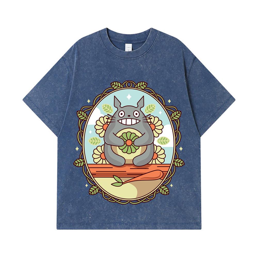 275 GSM Washed T-shirts 100 Cotton Ghibli V6 Totoro Print Unisex Heavy Cotton T Shirt 2XL королевский синий 2200₽