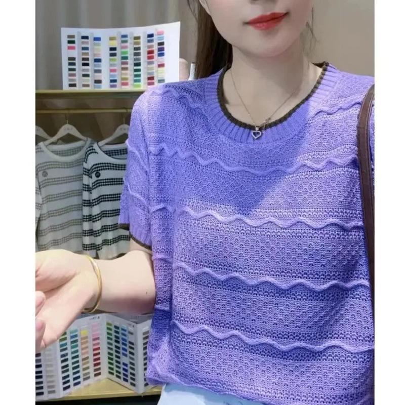 Summer Round Neck Knitted T-shirt Striped Hollow Ice Silk Knitted Short Sleeved T-shirt for Women