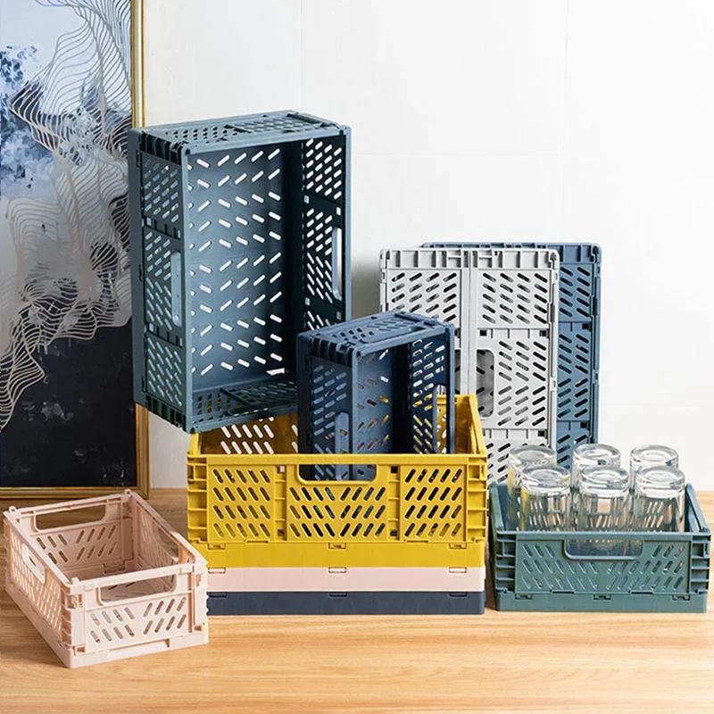 Household Plastic Foldable Storage Basket Student Desktop Collapsible Crate Sundries Organizer Stackable Drawer Container Box