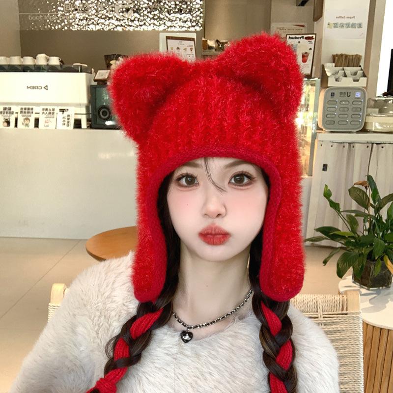 Bear knitted hat children's winter plush warm ear protector wool hat sweet versatile face small pullover hat