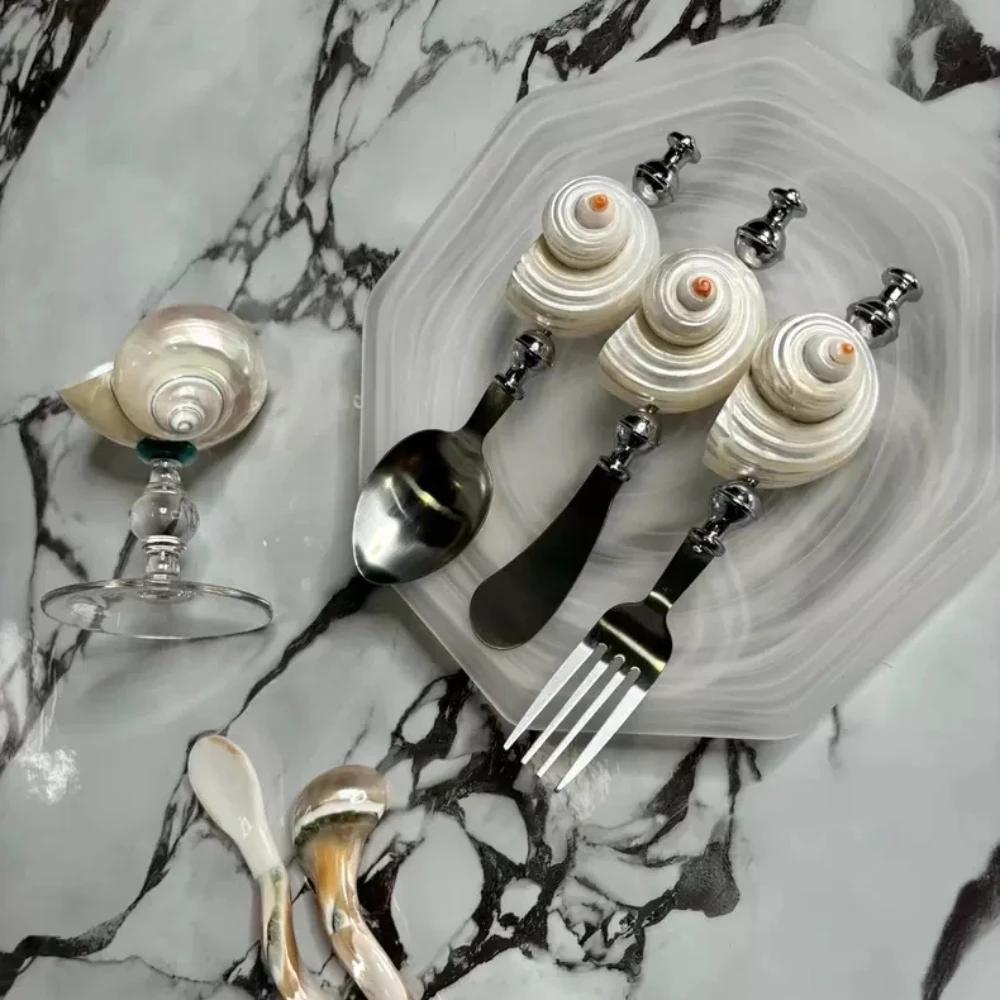 Light Luxury Natural Conch Shell Dessert Fork Spatula Stainless Steel Flatware Kitchen Utensils Set Home Tableware Spoon Gift