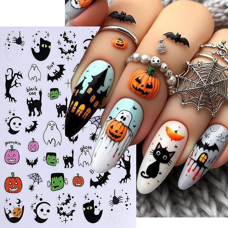 1/6 Pcs Halloween Nail Stickers Cute Skull Pumpkin Ghost Spider Nail Slide Decals Nail Supplies Manicure Decoration