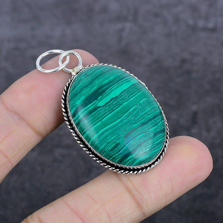 Malachite Gemstone 925 Sterling Silver Jewelry Pendant 2.09"