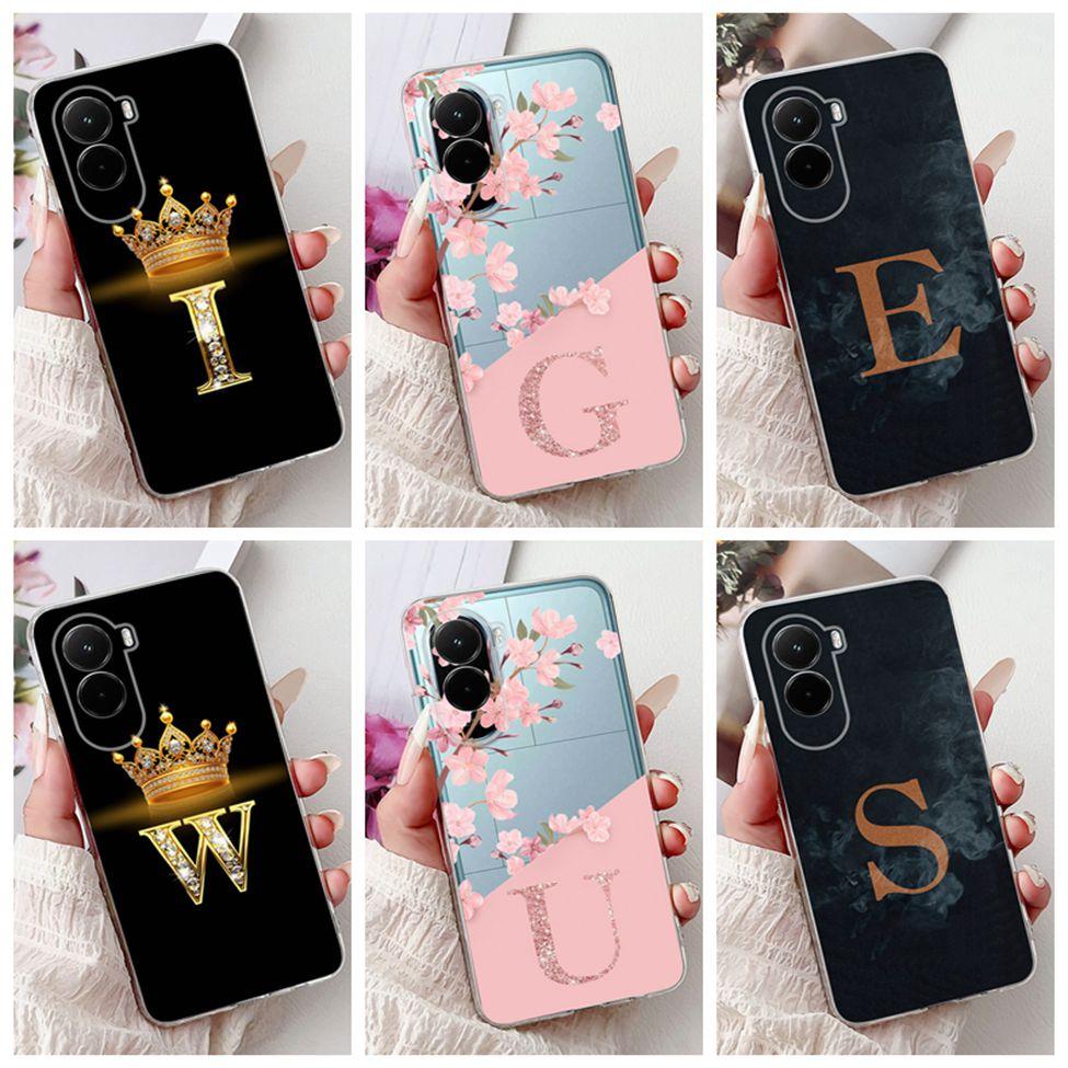 For Xiaomi Poco M7 4G Case Cover Transparent Aesthetic A-Z Letters Fashion Flowers Crown Soft Bumper Casing