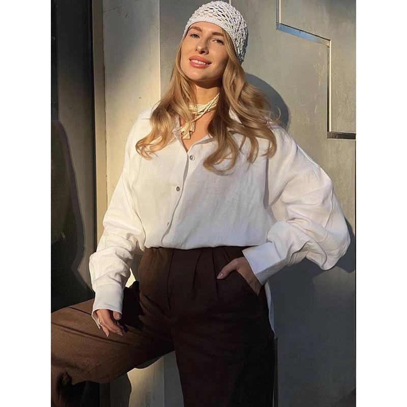 

Autumn Fashion Loose Women s Shirts Long Sleeve Lapel Oversize Female Blouses Elegant Cotton Linen Lady Shirts S белый