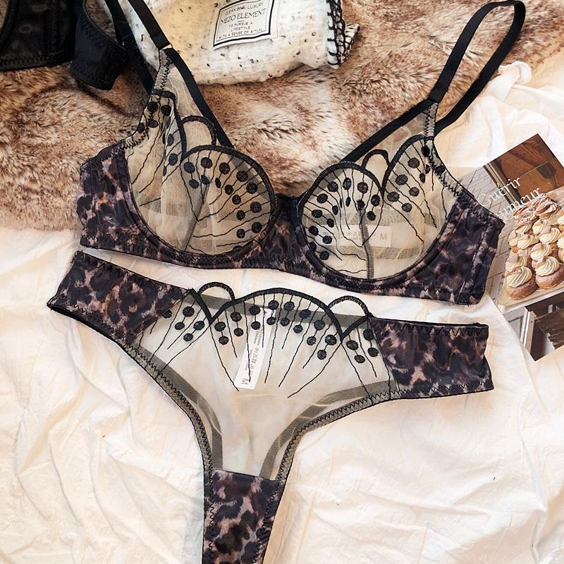 

Французский ультратонкий бюстгальтер на косточках, сексуальное кружевное вышитое нижнее белье для женщин, летние сетчатые дышащие трусики, нижнее белье XL леопардовый