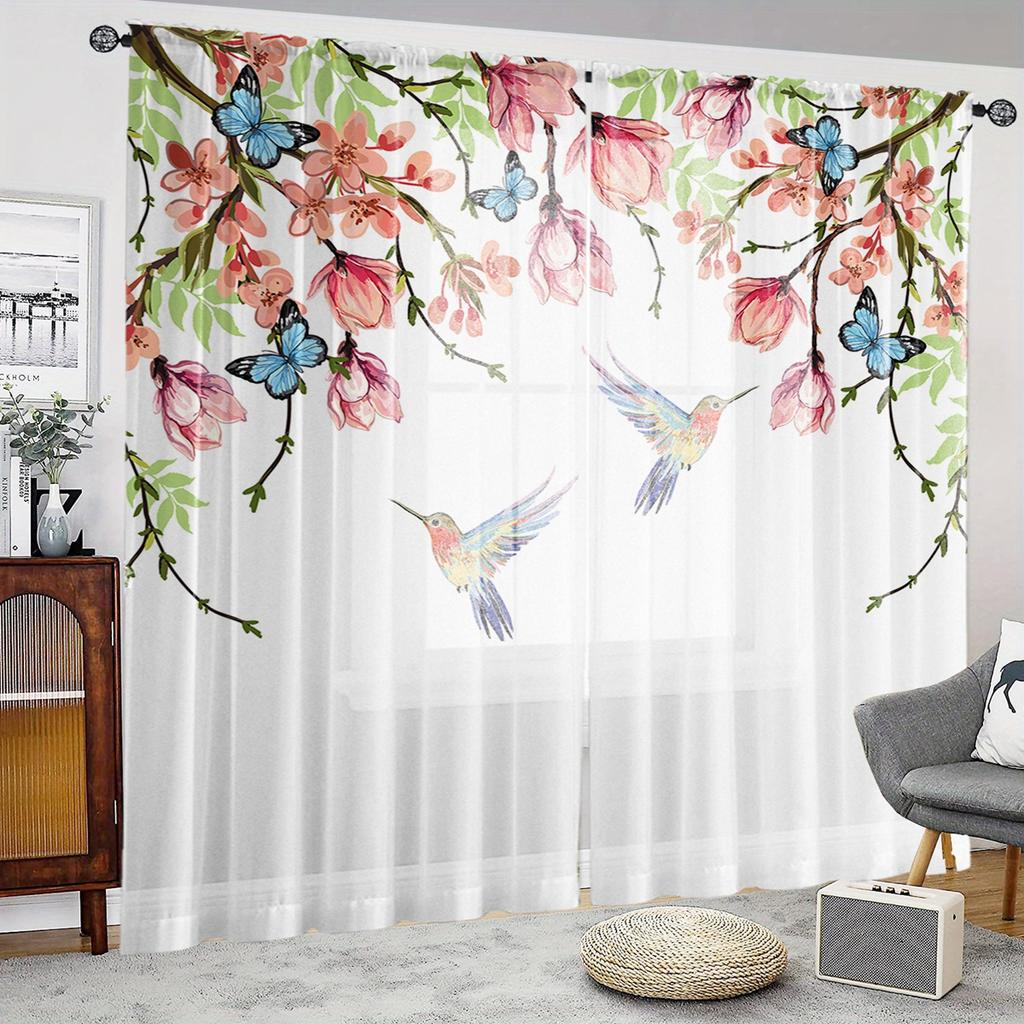 2 Pieces HD Digital Spring Hummingbird Floral Print Curtains Home Decorating Style Decorating Living Room Bedroom Rodding Curtai