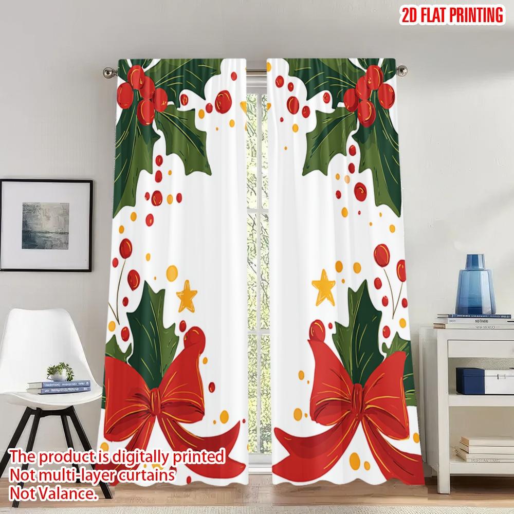 

2pcs 2D flat printing Merry Christmas Curtains Christmas Holly Berry Bows Digital Printed Polyester Drapes Festive Holiday for 100*130 Rod Pocket 1pcs