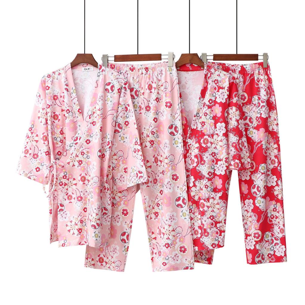 Pink Japanese kimono tether seven-quarter sleeve trousers loose cotton home pajamas set female spring and autumn girl thin
