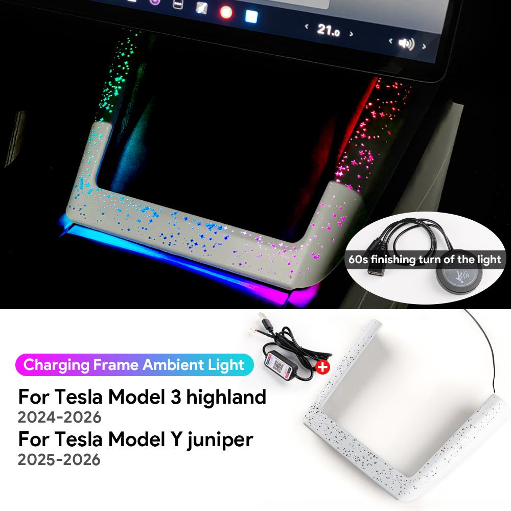 для Tesla Model Y Juniper 2025 2026 Highland Model 3 2024-UP Grand Starry Atmosphere Отделка Светодиодная Автомобильная Беспроводная Зарядка Рамка Свет For Juniper Highland