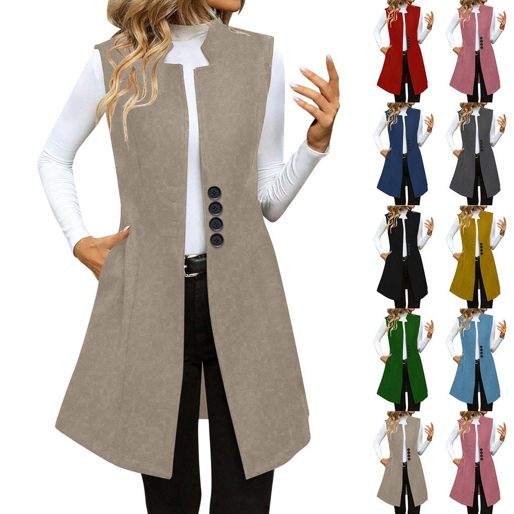 Women's Fashionable Casual Lapel Buttoned Waistcoat Sleeveless Solid-Colour Jacket