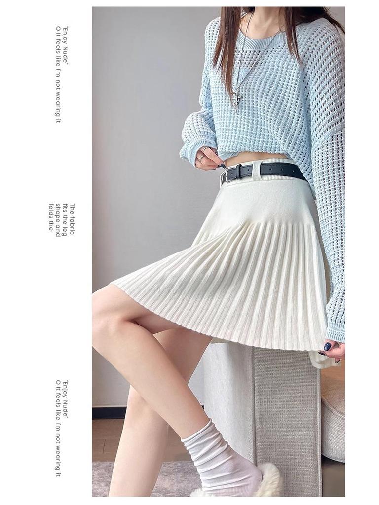 Women's Petite High Waist Knitted A-line Pleated Umbrella Skirt for Autumn and Winter