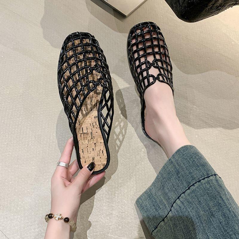 Fashion mesh non-slip flat bottom hole beach sandals transparent bag head hollow slippers 2025 summer and autumn new