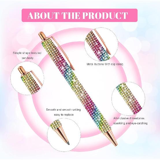 12Pcs Rhinestone Pens Bling Metal Ballpoint Diamond Pens Bulk Fancy Sparkly Crystal Press Retractable Black Ink 0.7mm For Women Office Meeting