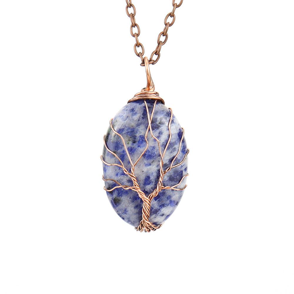 Natural Crystal Rough Stone Hand-Wound Egg-Shaped Tree Of Life Pendant Necklace N645